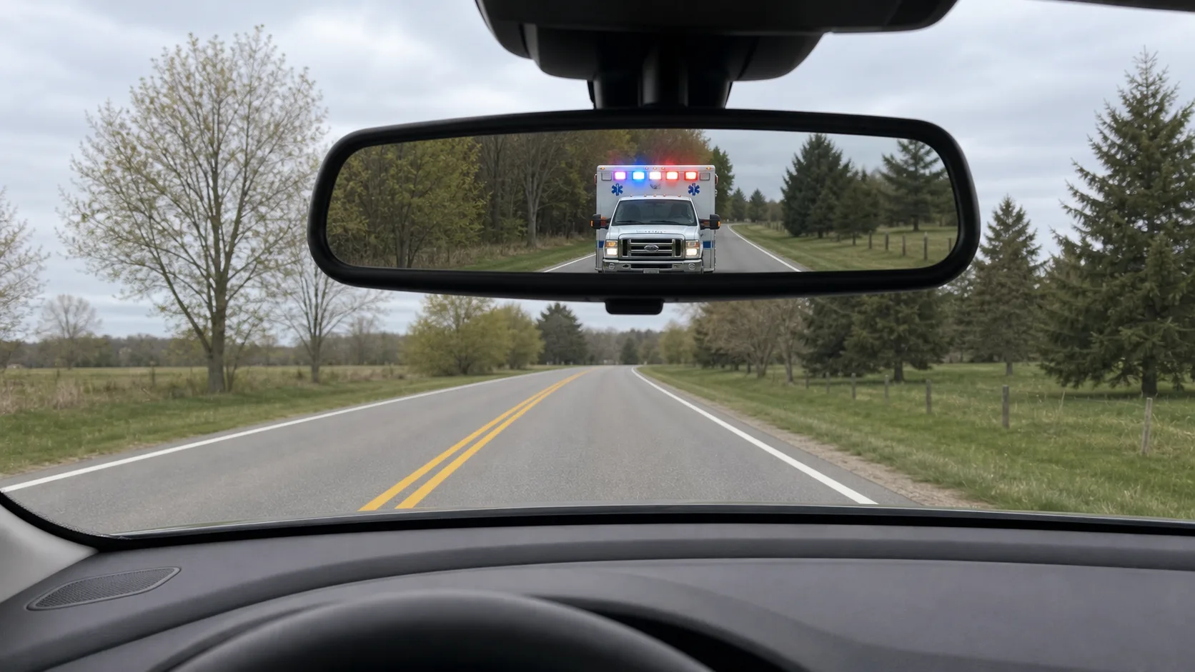 Driver's view through the windshield: an ambulance with flashing lights approaches in the rearview mirror on a two-lane road.